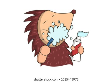 Cute Hedgehog Character Brushing his teeth. Vector illustration. isolated on white background.