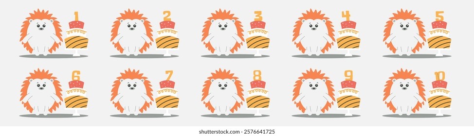 Cute Hedgehog character, cake with number vector set. Beautiful elements for Kids Birthday Party invitation, greeting card, poster, event, prints and cake toppers design