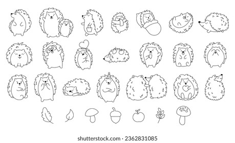 Cute hedgehog character. Coloring Page. Happy forest animal. Vector drawing. Collection of design elements.