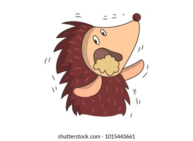Cute Hedgehog Character Eating. Vector illustration. isolated on white background.