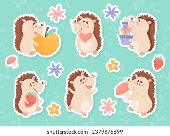 Cute Hedgehog Character and Forest Spiny Creature Vector Sticker Set