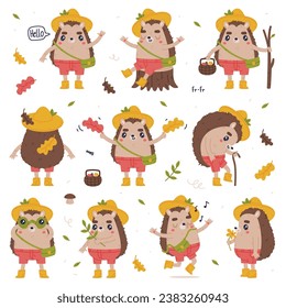 Cute Hedgehog Character in Hat and Shorts Engaged in Different Activity Vector Set