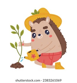 Cute Hedgehog Character in Hat and Shorts Water Plant Vector Illustration