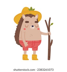Cute Hedgehog Character in Hat and Shorts Stand with Stick Vector Illustration