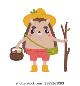 Cute Hedgehog Character in Hat and Shorts Standing with Stick and Mushroom in Basket Vector Illustration