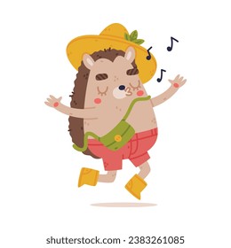 Cute Hedgehog Character in Hat and Shorts Jump and Sing Vector Illustration
