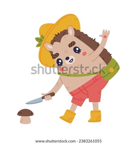 Cute Hedgehog Character in Hat and Shorts Picking Mushrooms Vector Illustration