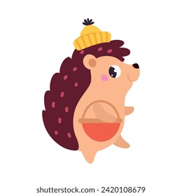 Personaje de edgehog lindo en caminata de sombrero con ilustración vectorial de cesta