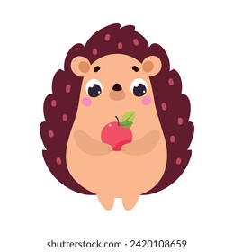 Cute Hedgehog Character Hold Apple Vector Illustration