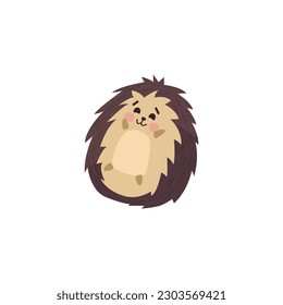 Cute hedgehog character lying around with his paws outstretched and laughing, flat cartoon vector illustration isolated on white background. Happy friendly hedgehog.