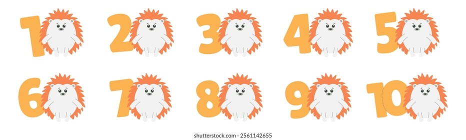 Cute Hedgehog character, numbers vector set. Beautiful elements for Kids Birthday Party invitation, greeting card, poster, event, prints and cake toppers design