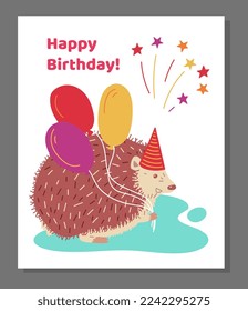 Cute hedgehog character in party hat and with balloons for birthday greeting card print, flat vector illustration. Birthday childish greeting card design with hedgehog.