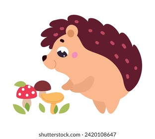 Cute Hedgehog Character Picking Ripe Mushroom Vector Illustration