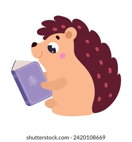 Cute Hedgehog Character Sitting and Read Book Vector Illustration