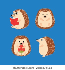 cute hedgehog character sitting, reading book, holding strawberry, standing illustration