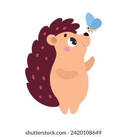 Cute Hedgehog Character Stand with Butterfly on Its Nose Vector Illustration