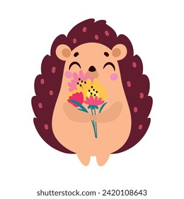 Cute Hedgehog Character Stand with Flower Bouquet Vector Illustration