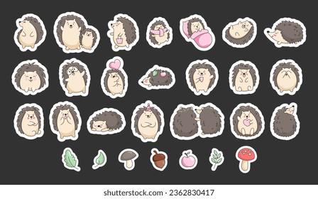 Cute hedgehog character. Sticker Bookmark. Happy forest animal. Vector drawing. Collection of design elements.