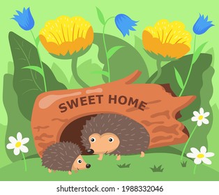 Cute hedgehog characters living in hollow cartoon illustration. Adult spiky animal and child in hole in tree trunk, grass, daisies, bluebells, leaves. Nature, wildlife, animals concept