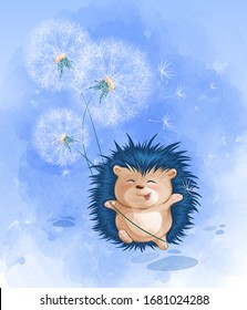 A cute hedgehog cheerfully runs and holds a bouquet of white dandelions. Vector childish cartoon character with watercolor texture.