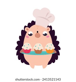 Cute Hedgehog Chef Character in Toque Hold Cupcakes Vector Illustration