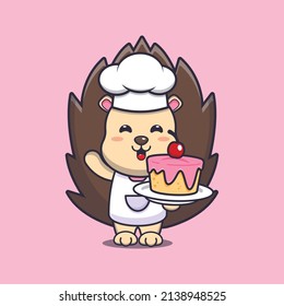 Cute Hedgehog Chef Mascot Cartoon Character With Cake