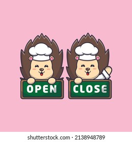 cute hedgehog chef mascot cartoon character with open and close board