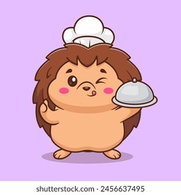 Cute Hedgehog Chef Serving Food Cartoon Vector Icon Illustration. Animal Food Icon Concept Isolated Premium Vector. Flat Cartoon Style