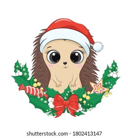 Cute hedgehog with Christmas wreath. Vector illustration for baby shower, greeting card, party invitation, fashion clothes t-shirt print.