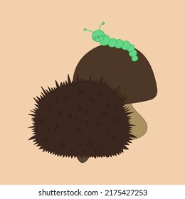 Cute Hedgehog Clipart Isolated on Brown Background. Funny Clip Art Hedgehog Backwards with Mushroom. Vector Illustration of a Forest Animal for Stickers, Baby Shower Invitation, Prints for Clothes. 