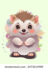 Cute hedgehog with colorful blots on a light green background