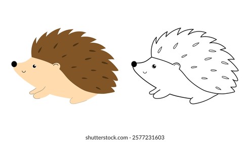 Cute hedgehog, coloring page for kids. Funny forest animals. Vector illustration. Children's coloring book with color example. Outline coloring page.