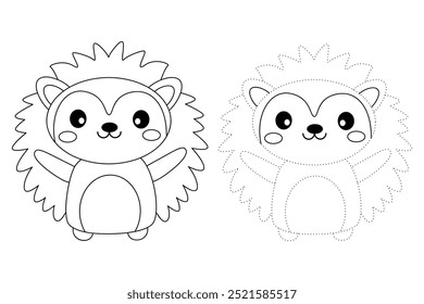 Páginas de coloração de ouriço bonito para crianças. Trace e cor ouriço. Hedgehog em um vetor de fundo branco. Livro de colorir para crianças. Planilhas para jardim de infância e pré-escola imprimíveis para crianças.