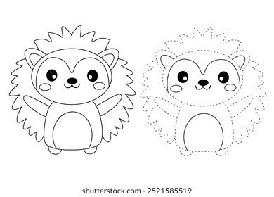 Páginas de coloração de ouriço bonito para crianças. Trace e cor ouriço. Hedgehog em um vetor de fundo branco. Livro de colorir para crianças. Planilhas para jardim de infância e pré-escola imprimíveis para crianças.