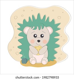 Cute hedgehog with cookies. Outline colorful drawing little pet. Baby animal concept vector illustration in cartoon style for nursery, character for children.