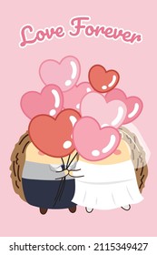 Cute hedgehog couple with balloons in the shape of hearts cartoon on pink background.Love forever text.Valentine's day.Romance.Animals character design.Kawaii.Vector.Illustration.