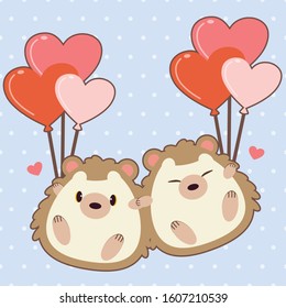 The cute hedgehog in and couple of love holding hand and holding a balloon in flat vector. Illustration about love and valentin's day.
