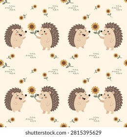 Cute Hedgehog Couple Seamless Pattern, Sweet Animal Holding Sunflower Love Friendship Illustration, Minimalist Muted Pastel Earth Tones Nursery Kids Wallpaper Repeatable Surface Pattern Design