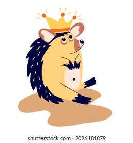 Cute hedgehog in a crown. Hand Draw Wild Forest Animal. Scandinavian style. Concept for children print. Vector illustration childish design print and poster. 