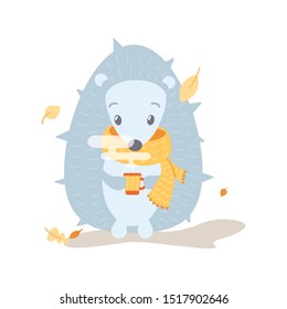 Cute hedgehog with cup of tea, autumn vector illustration on white background