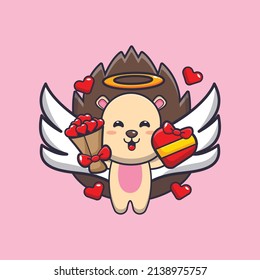 cute hedgehog cupid cartoon character holding love gift and love bouquet