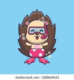 Cute hedgehog diving cartoon mascot character illustration.