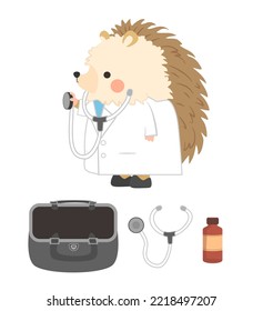 Cute Hedgehog Arzt Vektorgrafiken. Umfasst einen Hedgehog mit Arztoutfit, Arztbeutel, Stethoskop und Husten-Medizin.