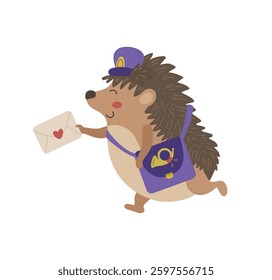 Cute hedgehog dressed as a postman delivering a letter in a blue bag.