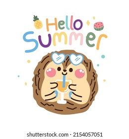 Cute hedgehog drink orange juice cartoon on white background.Hello summer text.Animal character design.Relax.Kawaii.Vector.Illustration.