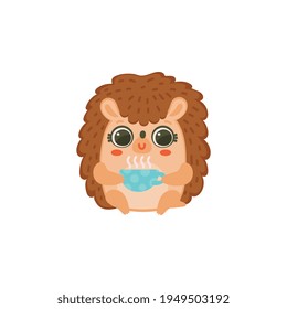Cute hedgehog drinking hot drink, flat cartoon vector illustration isolated