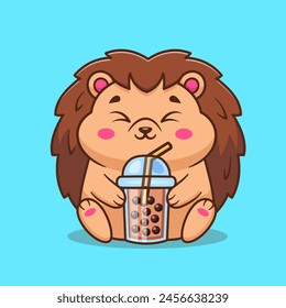 Cute Hedgehog Drinking Milk Tea Boba Cartoon Vector Icon Illustration. Animal Drink Icon Concept Isolated Premium Vector. Flat Cartoon Style