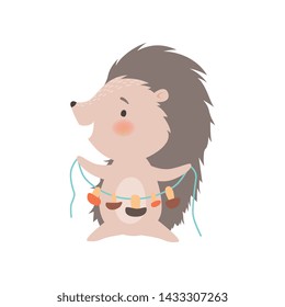 Cute Hedgehog Drying Mushrooms on String, Adorable Prickly Animal Cartoon Character Vector Illustration