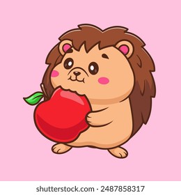 Netter Igel fressen Apfel Cartoon Vektorgrafik Icon Illustration. Animal Food Icon Concept Isolated Premium Vektorgrafik. Flacher Zeichentrickstil