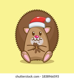 cute hedgehog eating christmas cookies. christmas vector illustration